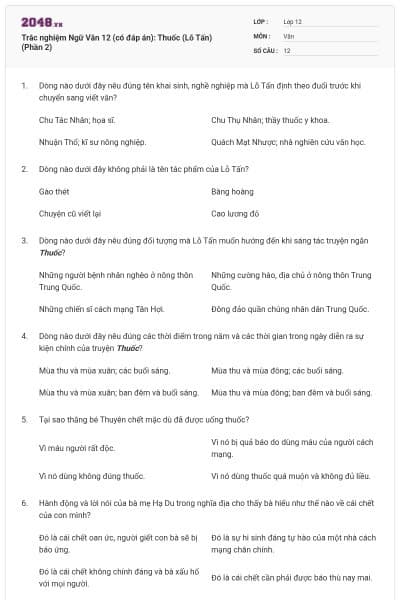 Trắc nghiệm Ngữ Văn 12 (có đáp án): Thuốc (Lỗ Tấn) (Phần 2)