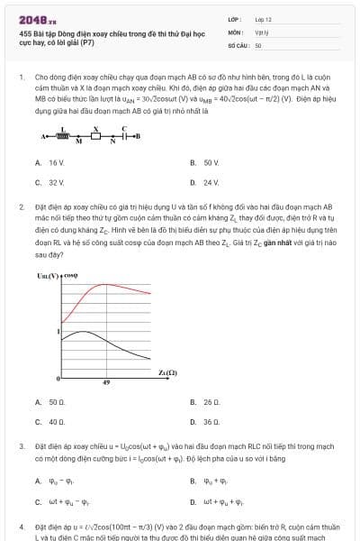 455 Bài tập Dòng điện xoay chiều trong đề thi thử Đại học cực hay, có lời giải (P7)