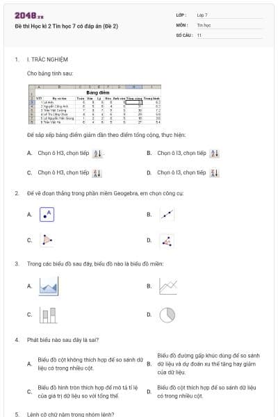 Đề thi Học kì 2 Tin học 7 có đáp án (Đề 2)