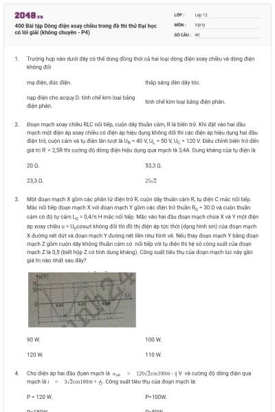 400 Bài tập Dòng điện xoay chiều trong đề thi thử Đại học có lời giải (không chuyên - P4)