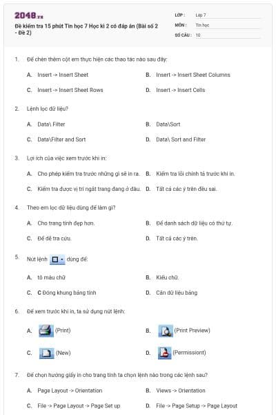 Đề kiểm tra 15 phút Tin học 7 Học kì 2 có đáp án (Bài số 2 - Đề 2)
