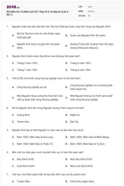 Đề kiểm tra 15 phút Lịch Sử 7 Học kì 2 có đáp án (Lần 2 - Đề 1)