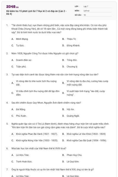 Đề kiểm tra 15 phút Lịch Sử 7 Học kì 2 có đáp án (Lần 2 - Đề 4)