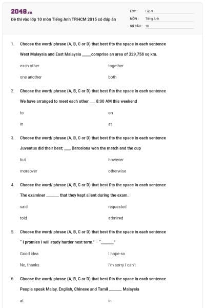 Đề thi vào lớp 10 môn Tiếng Anh TP.HCM 2015 có đáp án