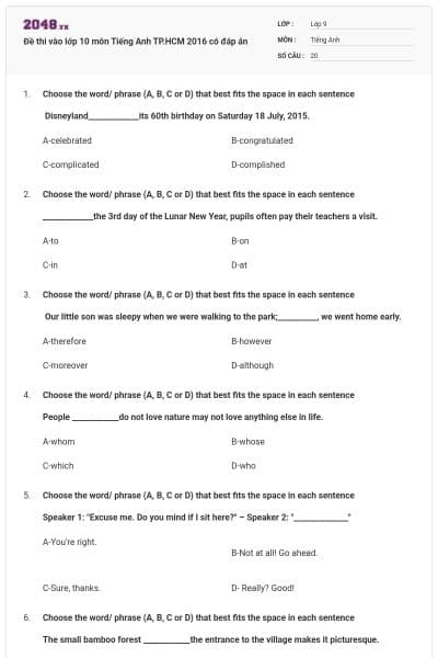 Đề thi vào lớp 10 môn Tiếng Anh TP.HCM 2016 có đáp án