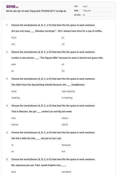 Đề thi vào lớp 10 môn Tiếng Anh TP.HCM 2017 có đáp án