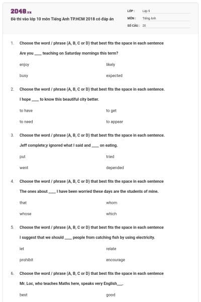Đề thi vào lớp 10 môn Tiếng Anh TP.HCM 2018 có đáp án
