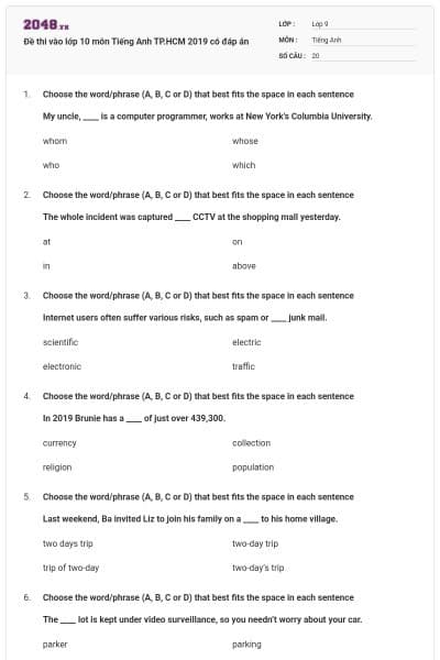 Đề thi vào lớp 10 môn Tiếng Anh TP.HCM 2019 có đáp án
