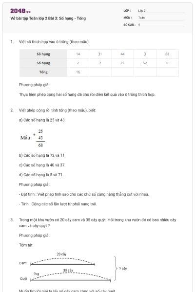 Vở bài tập Toán lớp 2 Bài 3: Số hạng - Tổng
