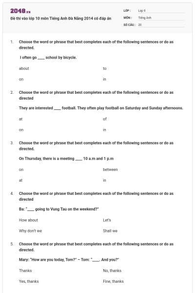 Đề thi vào lớp 10 môn Tiếng Anh Đà Nẵng 2014 có đáp án
