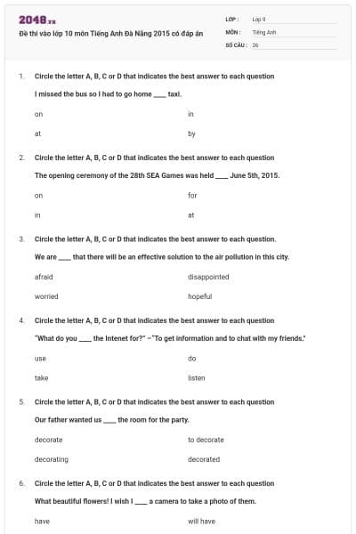 Đề thi vào lớp 10 môn Tiếng Anh Đà Nẵng 2015 có đáp án