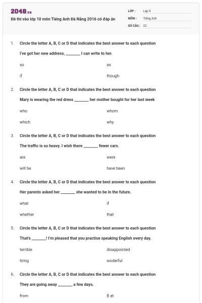 Đề thi vào lớp 10 môn Tiếng Anh Đà Nẵng 2016 có đáp án