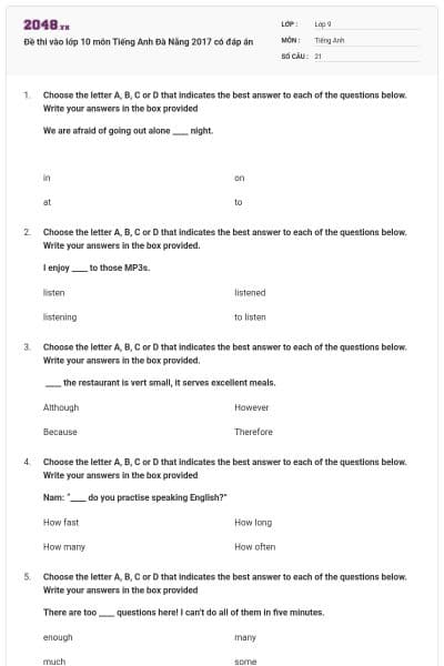 Đề thi vào lớp 10 môn Tiếng Anh Đà Nẵng 2017 có đáp án