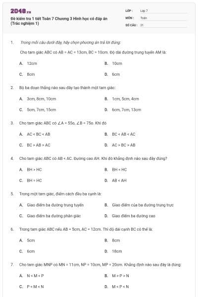 Đề kiểm tra 1 tiết Toán 7 Chương 3 Hình học có đáp án (Trắc nghiệm 1)