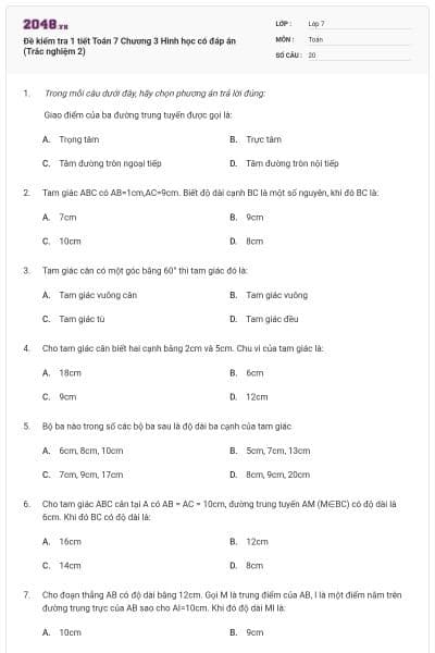 Đề kiểm tra 1 tiết Toán 7 Chương 3 Hình học có đáp án (Trắc nghiệm 2)
