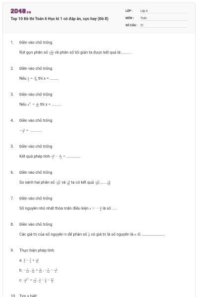 Top 10 Đề thi Toán 6 Học kì 1 có đáp án, cực hay (Đề 8)
