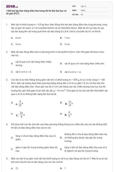 1300 bài tập Dao động điều hòa trong đề thi thử Đại học có lời giải (P27)