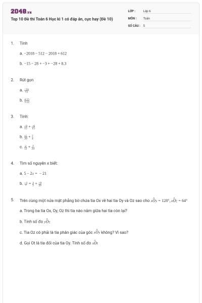 Top 10 Đề thi Toán 6 Học kì 1 có đáp án, cực hay (Đề 10)