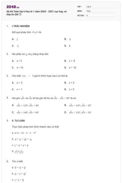 Đề thi Toán lớp 6 Học kì 1 năm 2020 - 2021 cực hay, có đáp án (Đề 7)