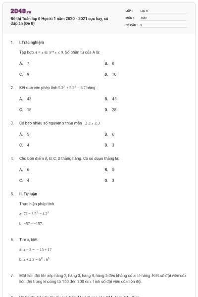 Đề thi Toán lớp 6 Học kì 1 năm 2020 - 2021 cực hay, có đáp án (Đề 8)