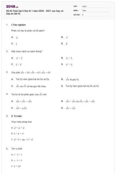 Đề thi Toán lớp 6 Học kì 1 năm 2020 - 2021 cực hay, có đáp án (Đề 9)