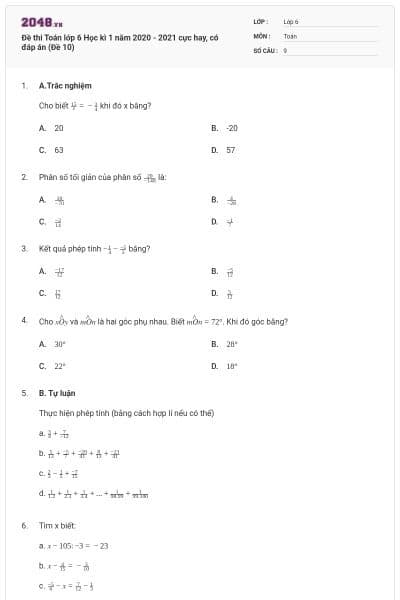 Đề thi Toán lớp 6 Học kì 1 năm 2020 - 2021 cực hay, có đáp án (Đề 10)