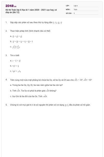 Đề thi Toán lớp 6 Học kì 1 năm 2020 - 2021 cực hay, có đáp án (Đề 12)