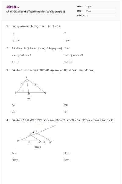 Đề thi Giữa học kì 2 Toán 8 chọn lọc, có đáp án (Đề 1)