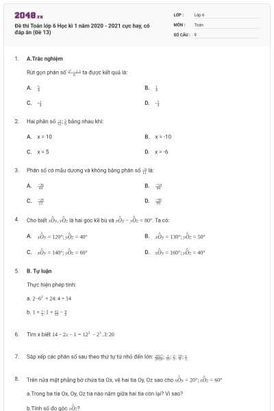 Đề thi Toán lớp 6 Học kì 1 năm 2020 - 2021 cực hay, có đáp án (Đề 13)