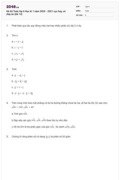 Đề thi Toán lớp 6 Học kì 1 năm 2020 - 2021 cực hay, có đáp án (Đề 14)