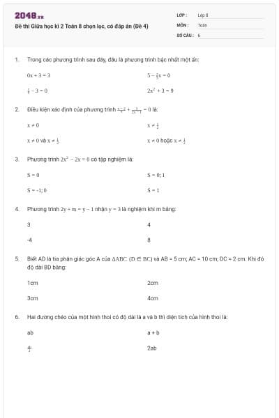Đề thi Giữa học kì 2 Toán 8 chọn lọc, có đáp án (Đề 4)