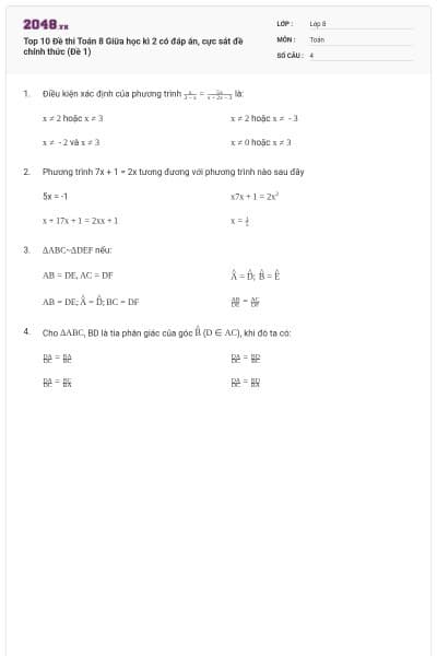 Top 10 Đề thi Toán 8 Giữa học kì 2 có đáp án, cực sát đề chính thức (Đề 1)