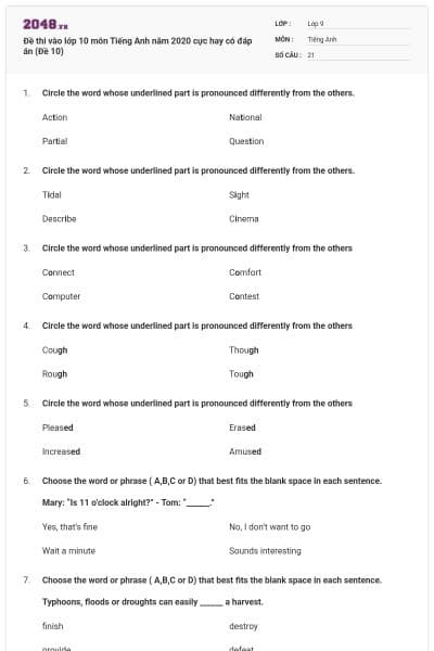 Đề thi vào lớp 10 môn Tiếng Anh năm 2020 cực hay có đáp án (Đề 10)
