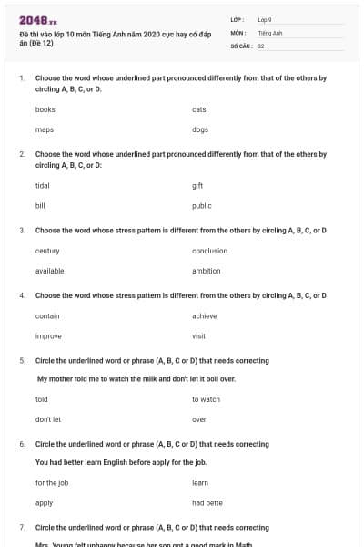 Đề thi vào lớp 10 môn Tiếng Anh năm 2020 cực hay có đáp án (Đề 12)