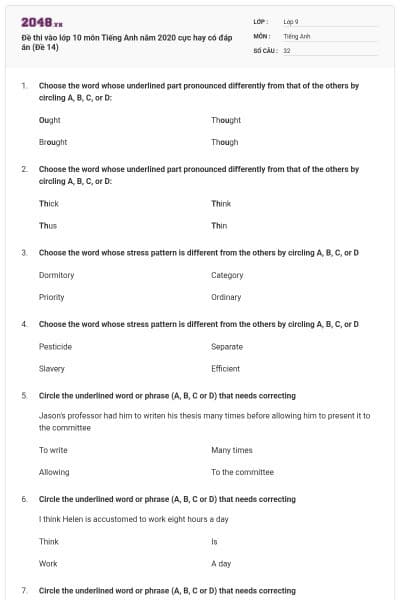 Đề thi vào lớp 10 môn Tiếng Anh năm 2020 cực hay có đáp án (Đề 14)