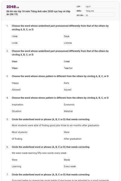 Đề thi vào lớp 10 môn Tiếng Anh năm 2020 cực hay có đáp án (Đề 15)