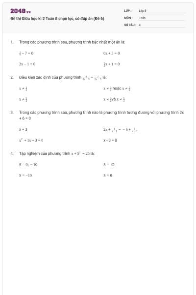 Đề thi Giữa học kì 2 Toán 8 chọn lọc, có đáp án (Đề 6)