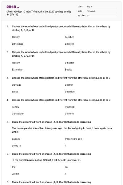 Đề thi vào lớp 10 môn Tiếng Anh năm 2020 cực hay có đáp án (Đề 18)