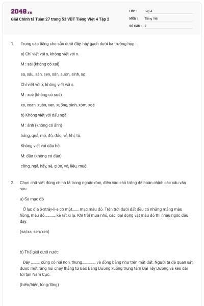 Giải Chính tả Tuần 27 trang 53 VBT Tiếng Việt 4 Tập 2