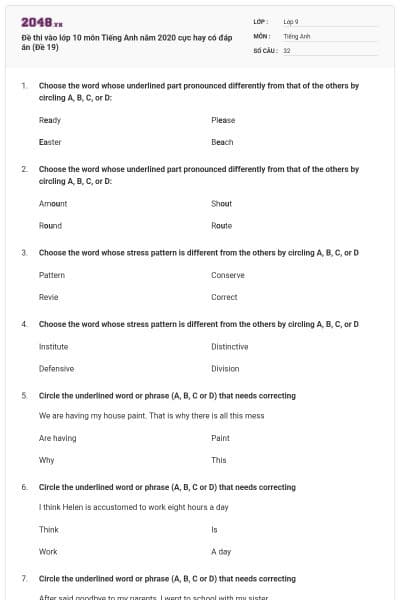 Đề thi vào lớp 10 môn Tiếng Anh năm 2020 cực hay có đáp án (Đề 19)