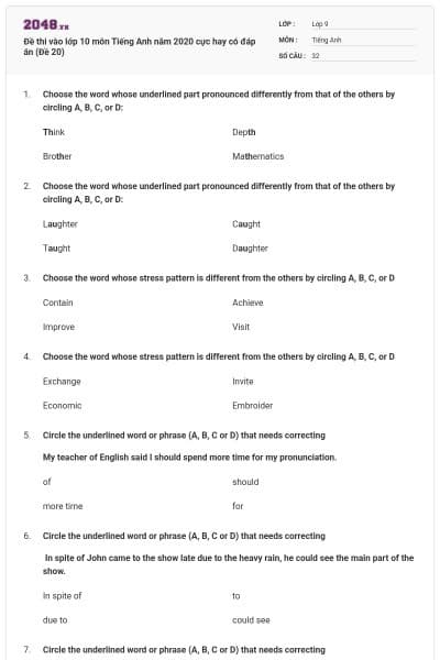 Đề thi vào lớp 10 môn Tiếng Anh năm 2020 cực hay có đáp án (Đề 20)