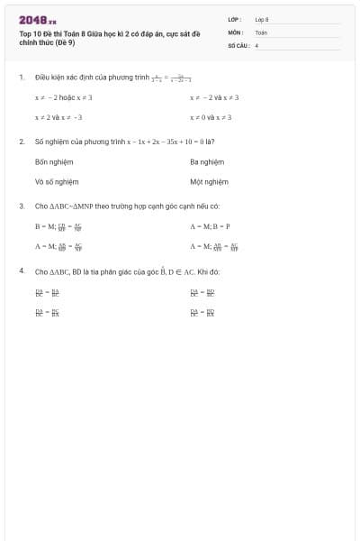 Top 10 Đề thi Toán 8 Giữa học kì 2 có đáp án, cực sát đề chính thức (Đề 9)