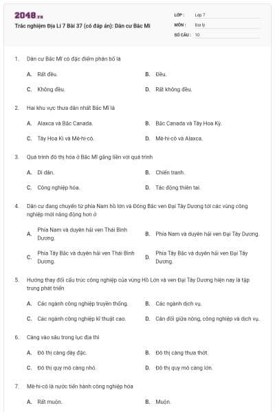 Trắc nghiệm Địa Lí 7 Bài 37 (có đáp án): Dân cư Bắc Mĩ