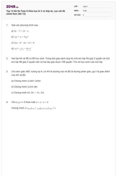 Top 10 Đề thi Toán 8 Giữa học kì 2 có đáp án, cực sát đề chính thức (Đề 10)