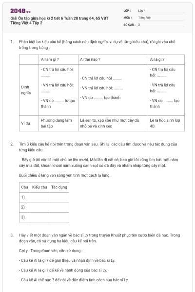 Giải Ôn tập giữa học kì 2 tiết 6 Tuần 28 trang 64, 65 VBT Tiếng Việt 4 Tập 2