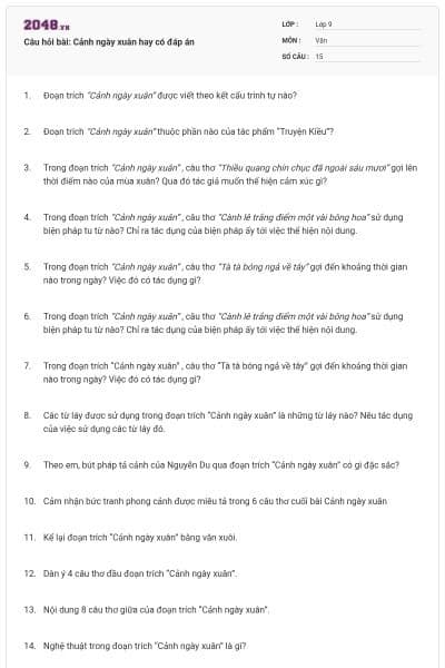 Câu hỏi bài: Cảnh ngày xuân hay có đáp án