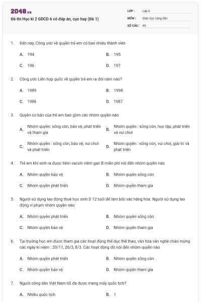 Đề thi Học kì 2 GDCD 6 có đáp án, cực hay (Đề 1)