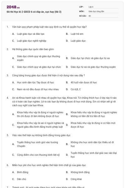 Đề thi Học kì 2 GDCD 6 có đáp án, cực hay (Đề 3)