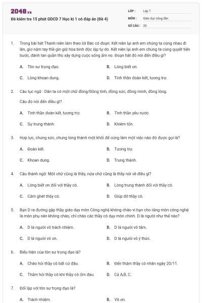 Đề kiểm tra 15 phút GDCD 7 Học kì 1 có đáp án (Đề 4)