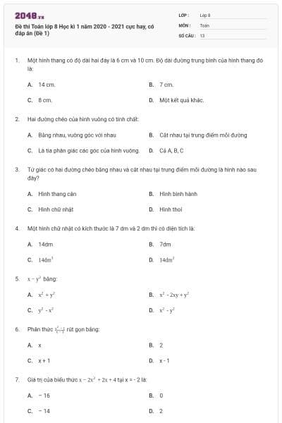 Đề thi Toán lớp 8 Học kì 1 năm 2020 - 2021 cực hay, có đáp án (Đề 1)